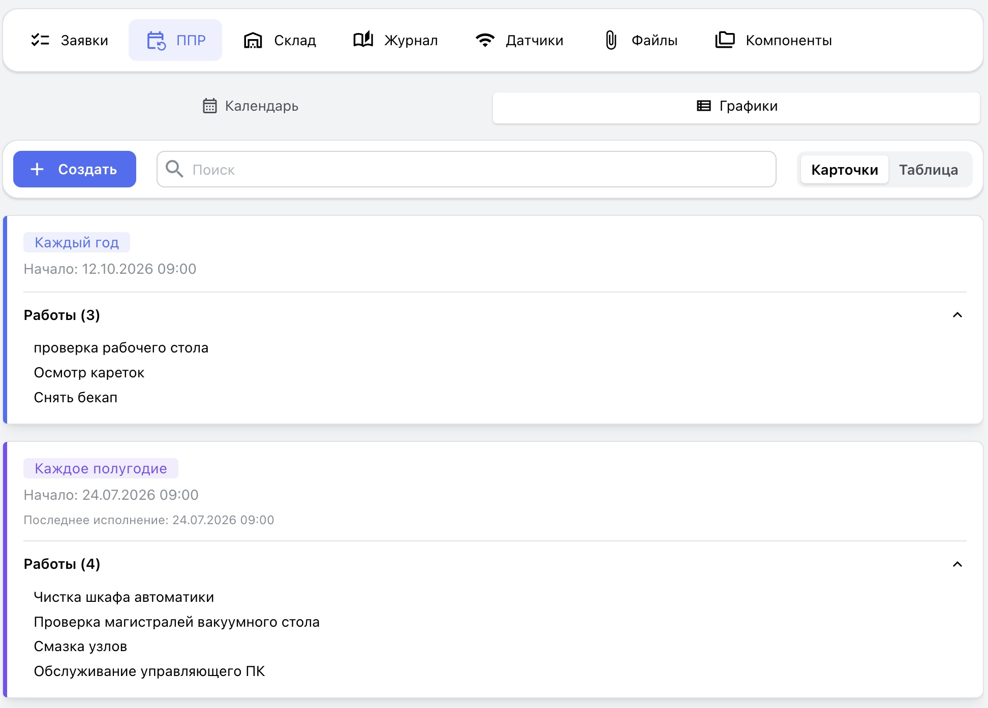 ППР в карточке оборудования