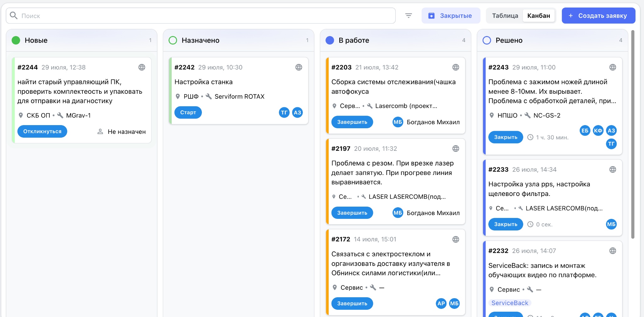 Servis talepleri Kanban panosu